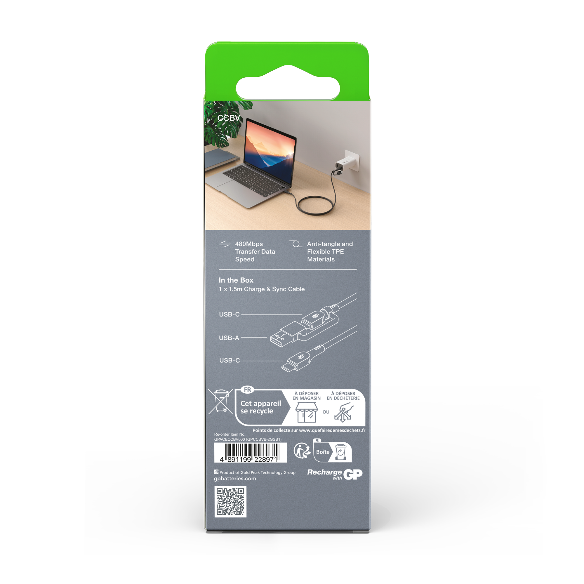 GP 1.5 metre 2-in-1 USB-C / USB-A to USB-C 240W Charge & Sync Cable CCBV