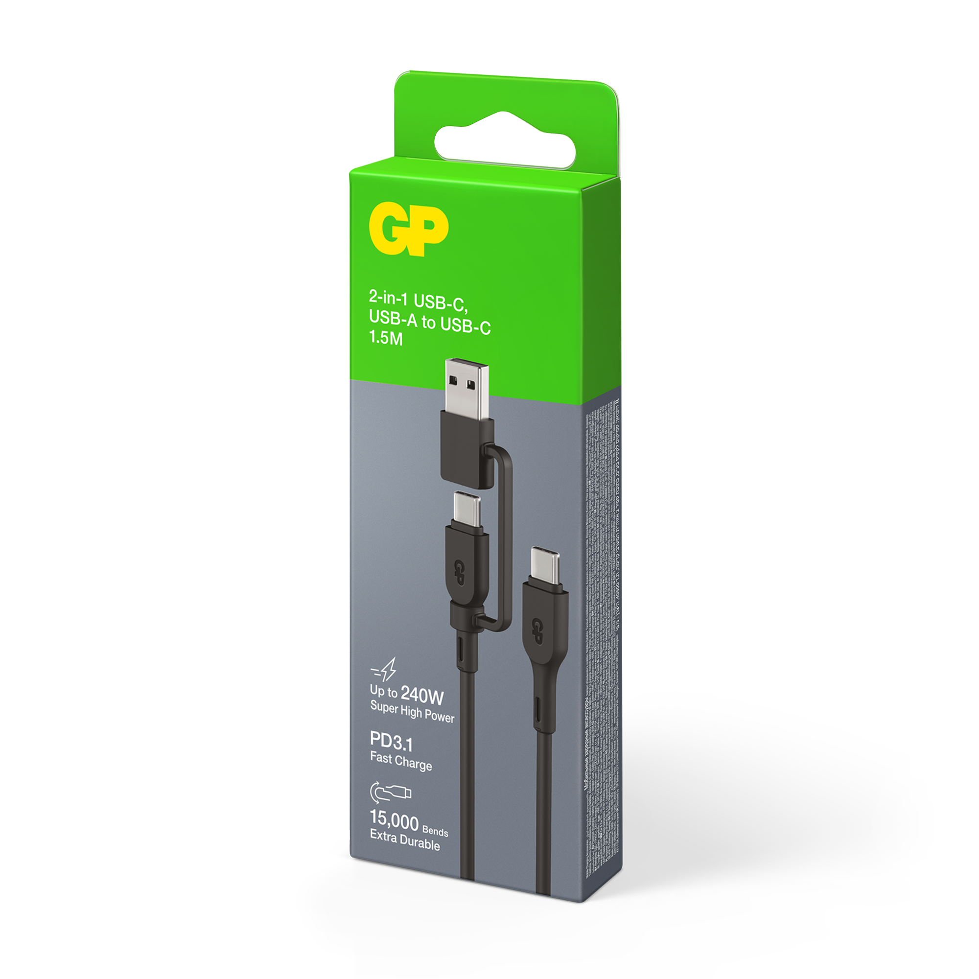 GP 1.5 metre 2-in-1 USB-C / USB-A to USB-C 240W Charge & Sync Cable CCBV