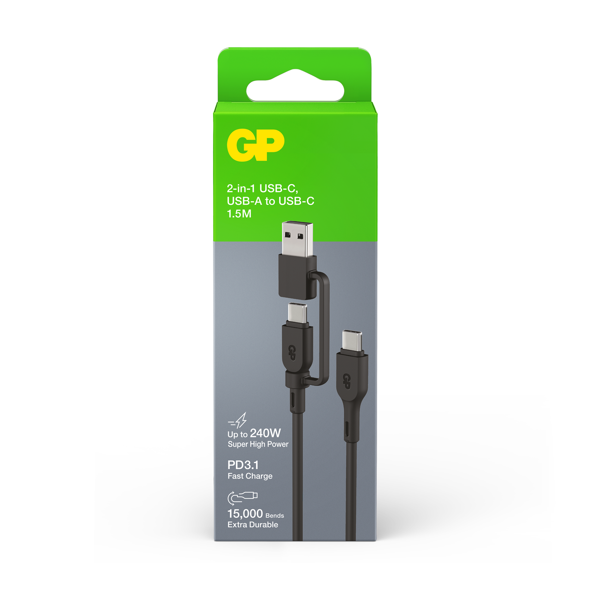 GP 1.5 metre 2-in-1 USB-C / USB-A to USB-C 240W Charge & Sync Cable CCBV