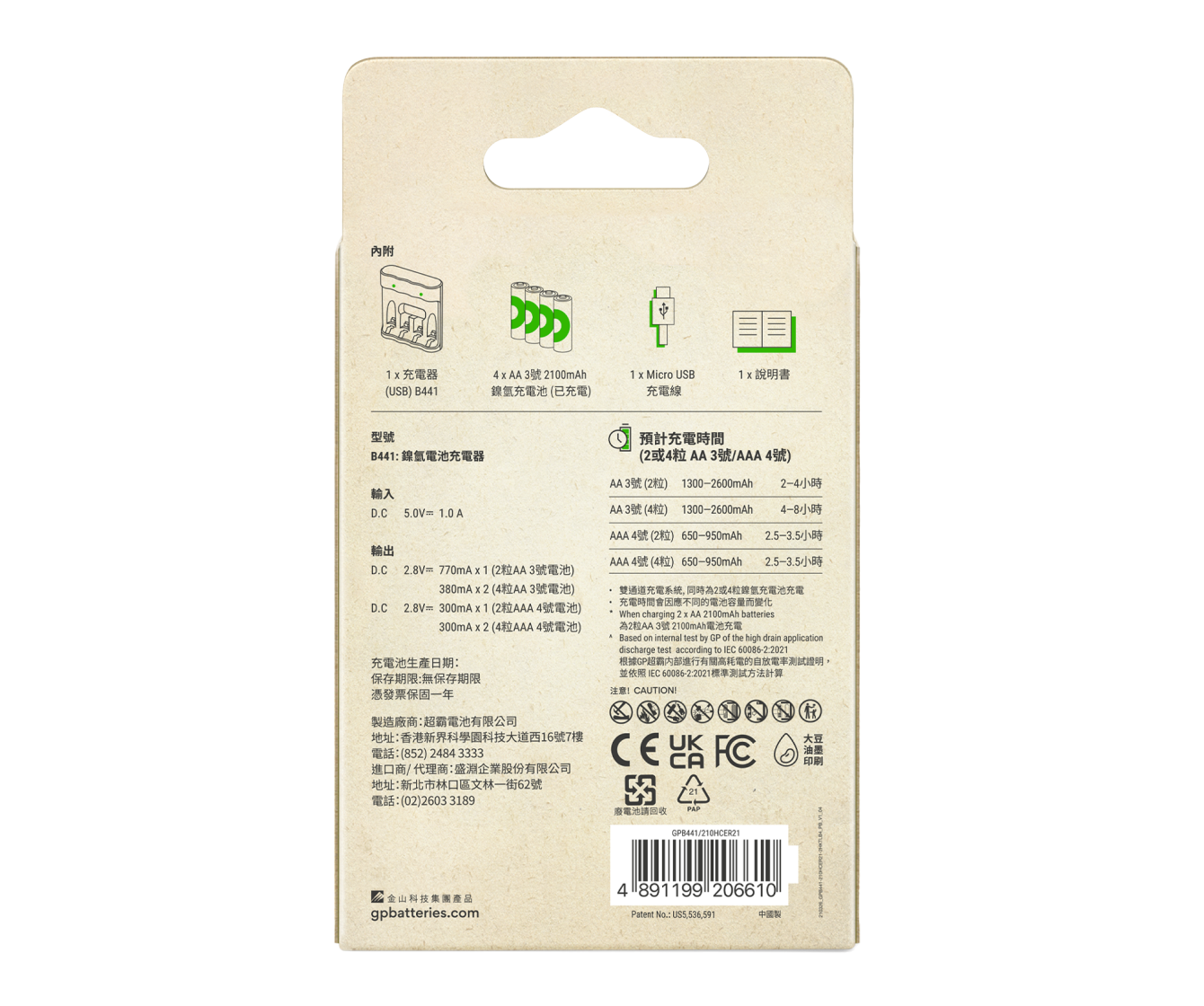 GP Recyko 4-slot NiMH USB-Charger B441 with 2100mAh AA NiMH batteries x 4's