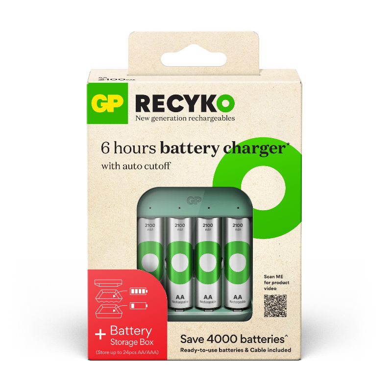 GP Recyko rechargeable battery starter kit – Includes Charger (B423) + 4 Pre-charged AA 2,100mAh Batteries (Bundle with a battery storage box)