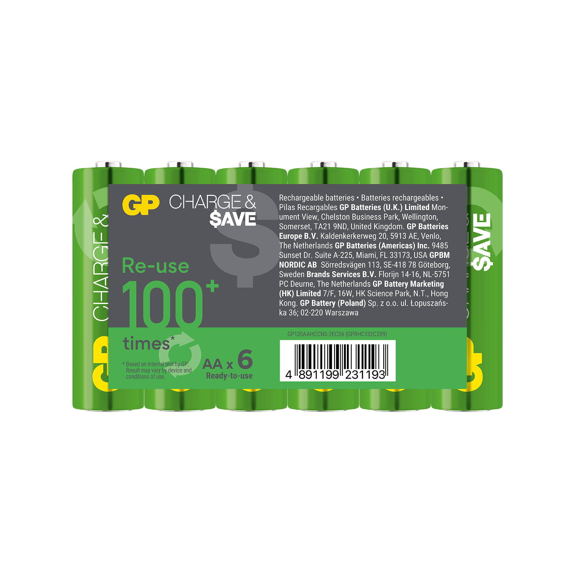 GP Charge & $ave NiMH 1300mAh AA 6's Battery