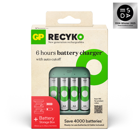 GP Recyko rechargeable battery starter kit – Includes Charger (B423) + 4 Pre-charged AA 2,100mAh Batteries (Bundle with a  battery storage box)