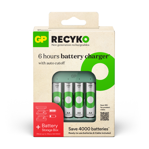 GP Recyko rechargeable battery starter kit – Includes Charger (B423) + 4 Pre-charged AA 2,100mAh Batteries (Bundle with a  battery storage box)